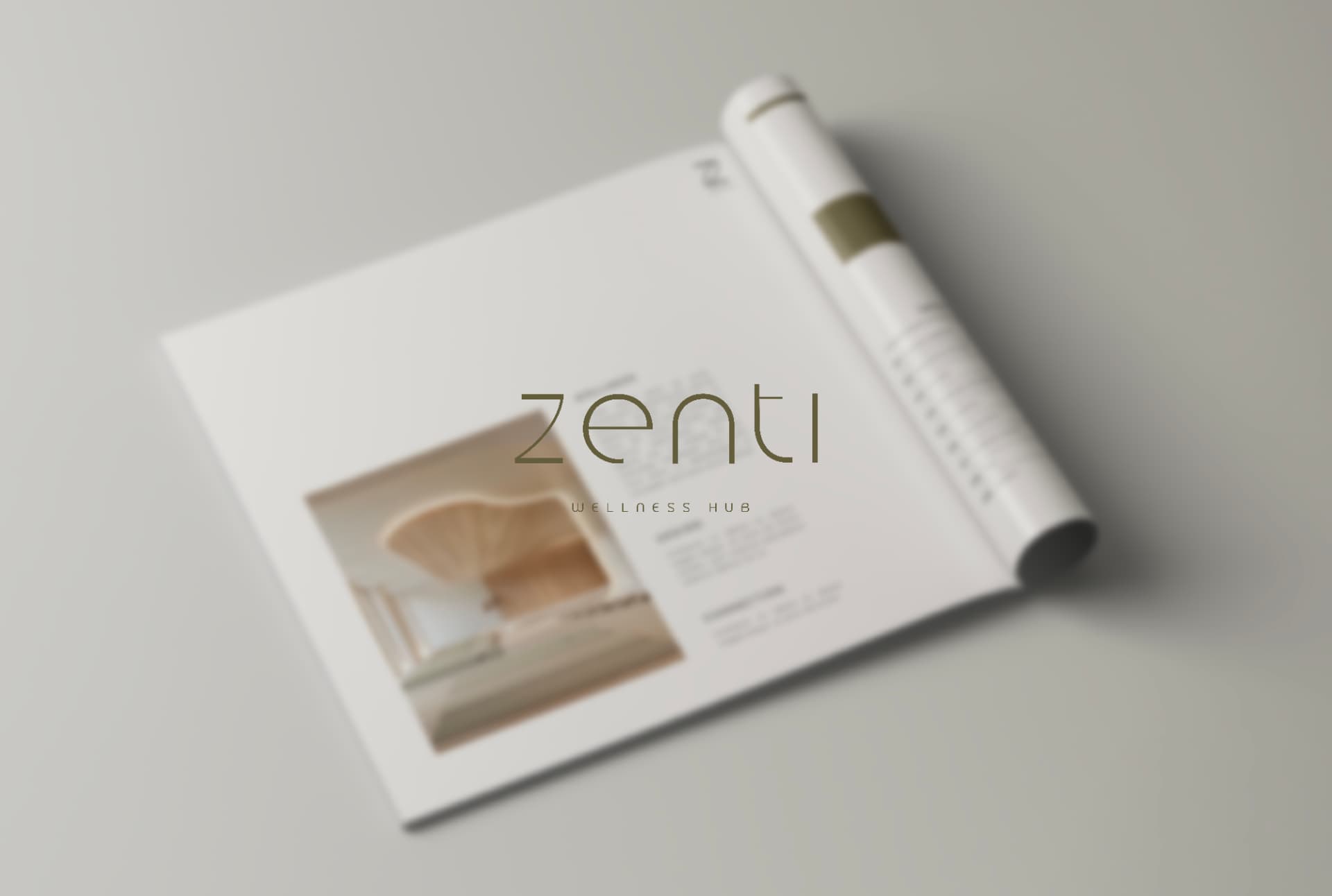 Revista de marca zenti wellness hub sobre fondo gris