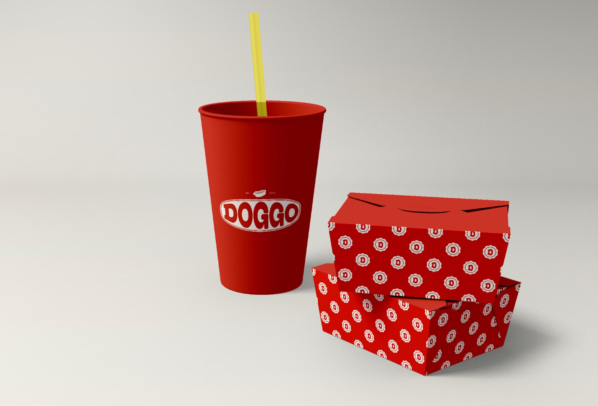 Vaso rojo con popote amarillo y cajas para llevar con el patrón de sellos de DOGGO