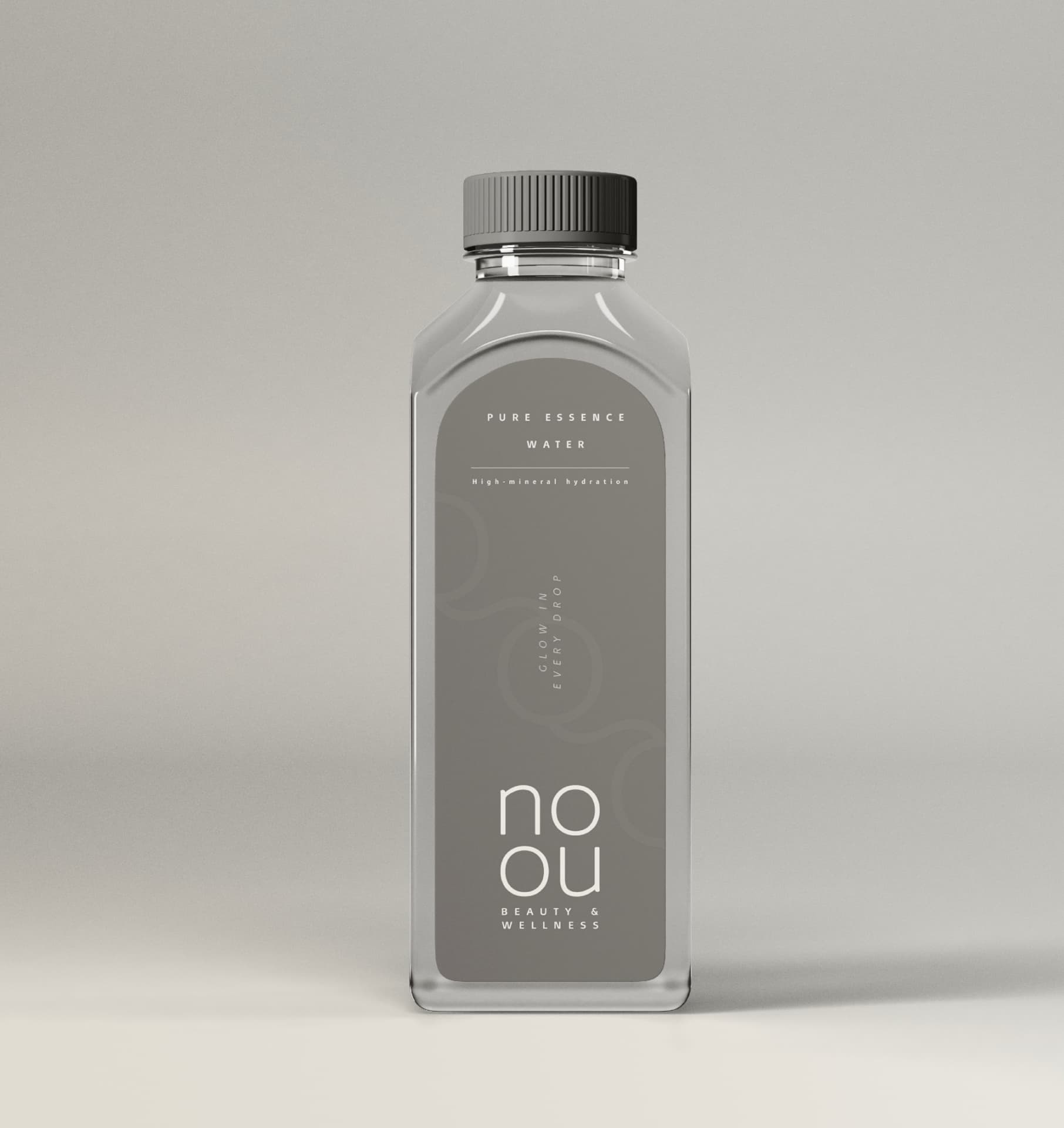 Botella de Pure Essence Water con la etiqueta gris de noou